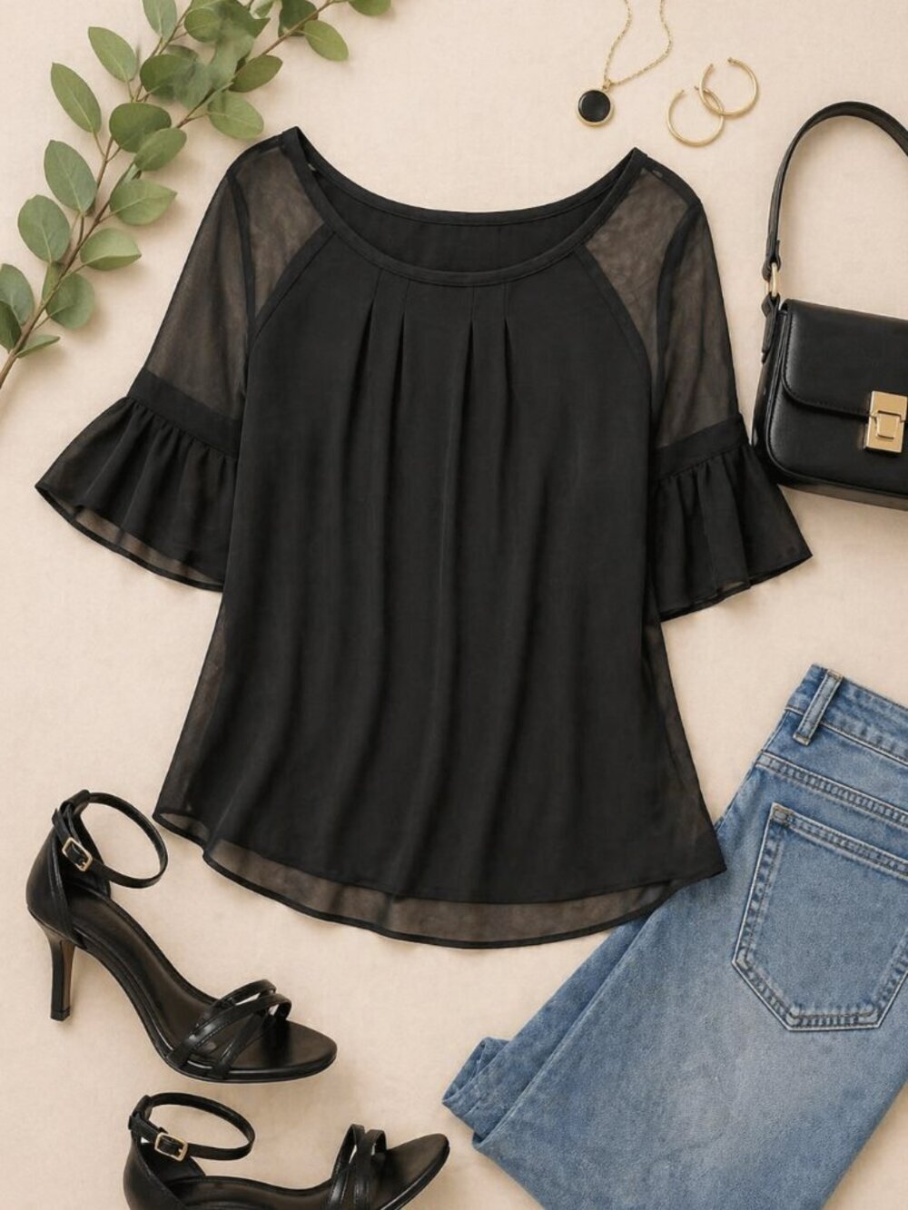 ZARA Basic Black Sheer Blouse S Ruffle Sleeve Lightweight Top